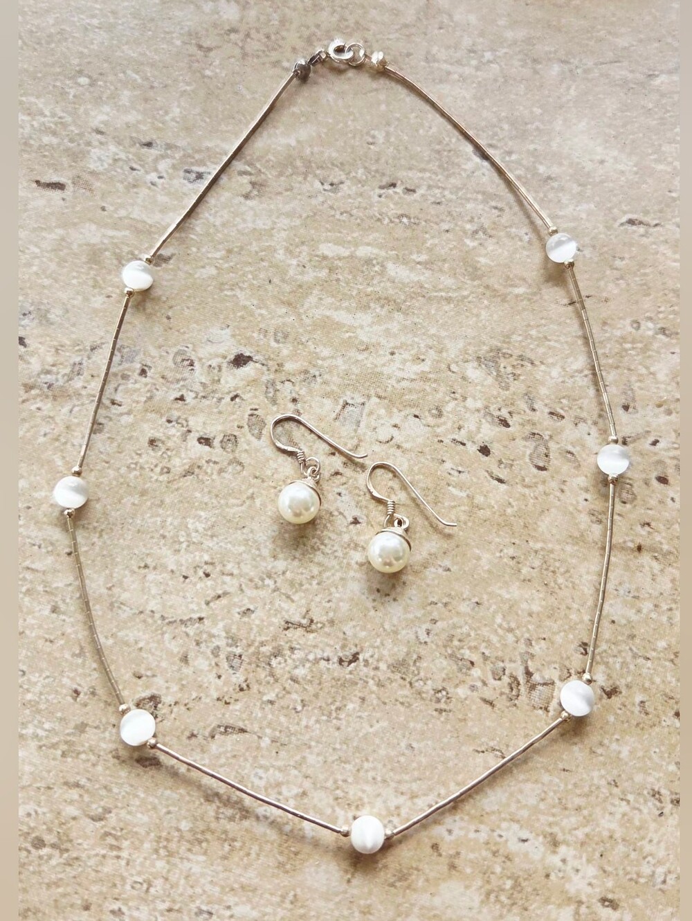 Vintage 80s 925 Sterling Liquid Silver Pearl Station Necklace Earrings Setβ¨
